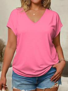 EMERY ROSE Plus Size Women's Summer Solid V-Neck Short Sleeve Casual T-Shirt Basic Top Pink Tops Pink Top Women V Neck Tops V Neck Tshirts Women - Multicolor - View 4