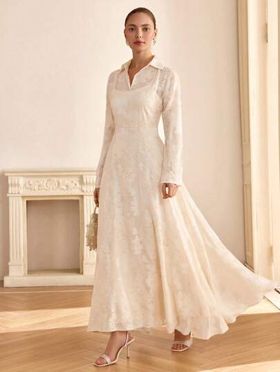 CLARA VERO Shirt Collar Long Sleeve Broderie Maxi Dress Fit Design Long Sleeve Floor Length Great For Spring Occasions Or Elegant Day Events Made In Non-Elastic Broderie Polyester Featuring Floral Lace Overlay And Soft Cream Lining Cream Dresses For Women Elegant Ivory Dresses For Women French Style Dress White Embroidered Dress Long Sleeve Cream Dress Reception Gown Bridal Gown Wedding Dresses For Womens Women Dresses Elegant Classic Luxury Dresses For Women Bridal Dresses