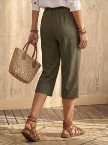 SHEIN LUNE Quần lửng nữ màu trơn có dây rút ở eo và túi, kiểu dáng thường ngày. - màu xanh lá - Xem 2