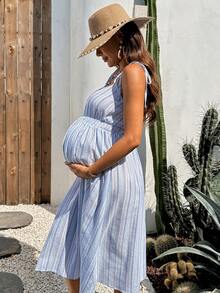 Boho Mama Đầm bầu mùa hè dáng rộng kẻ sọc buộc dây vai - Màu xanh lam - Xem 4