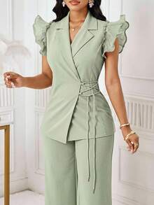 SHEIN Lady Conjunto de traje de mujer con blazer de manga con volantes rosa y pantalones elásticos de cintura alta para otoño/invierno - verde menta - Ver 3
