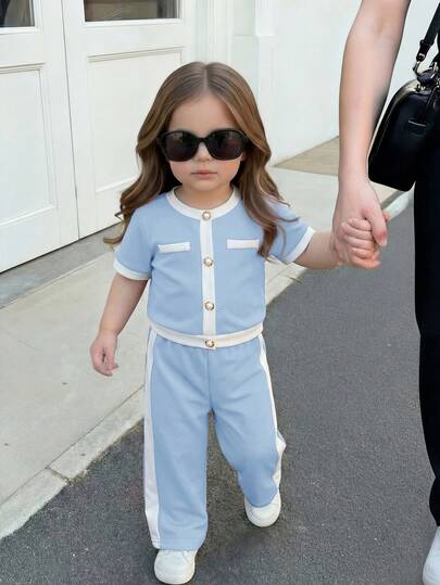 LMoss Kids 女婴蓝色撞色T恤套装，时尚休闲