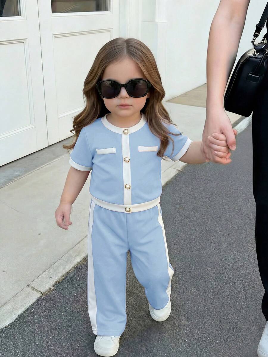 LMoss Kids 女嬰藍色對比色T恤套裝，時尚休閒兩件式淡色素面街頭風服飾 - 藍色 - 查看 1