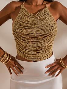 Opulessa Handmade Asymmetrical Pearl Decor Necklace Top - Gold - View 7