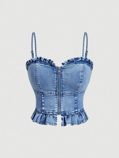 Sweetra Women's Zipper Pleated Versatile Denim Camisole