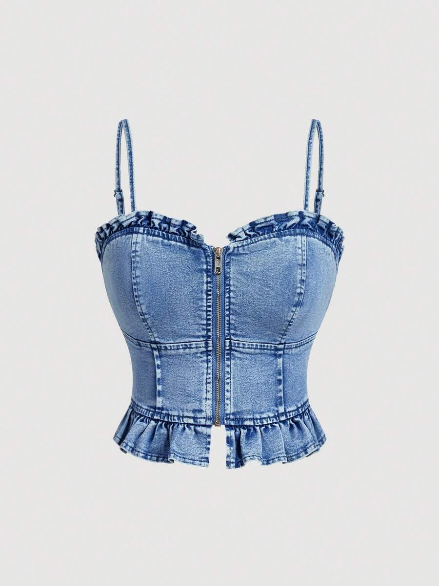 Sweetra 女士拉链褶裥百搭牛仔吊带背心 - 藍色 - 查看 1