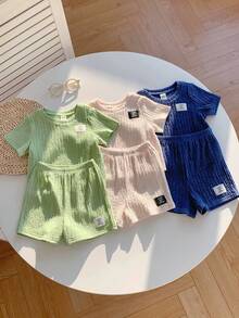 SHEIN 6pcs/Set Unisex Baby Clothes, Summer Casual Cute Solid Color Letter Print Short Sleeve T-Shirt & Elastic Waist Shorts Set, Basic Multi-Pack - Multicolor - View 7