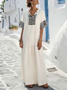 SHEIN Holidaya Elegant Black And White Checkered Round Neck Tie-Neck Apricot Printed Long Dress For Women,Summer Boho Vacation Holiday Beach Woven Fabric Abaya - Apricot - View 5
