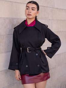 Andrea Bello 女士时尚优雅双排扣束带风衣法式风衣女装风衣秋冬女装风衣 - 黑色 - 查看 3
