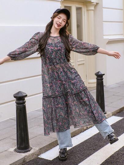 K-Vae 女士优雅休闲约会连衣裙，圆领网纱印花，适合春季、夏季、假日、度假穿着
