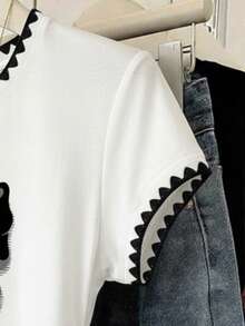 Resyla Women's Graphic Tee, Dog Tooth Embroidery Design, Back To School Season, Butterfly Print, Summer New Arrival, Fitted Waist, White, Versatile & Elegant, Office & Casual Wear - White - View 3