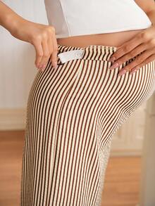 SHEIN 孕妇可调节腰围宽松条纹裤 - 巧克力棕 - 查看 7