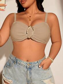 Swim Chiccia Plus Size Women Solid Color Off-Shoulder Metal Decor Sexy One-Piece Bikini Top, Suitable For Spring - Apricot - View 1