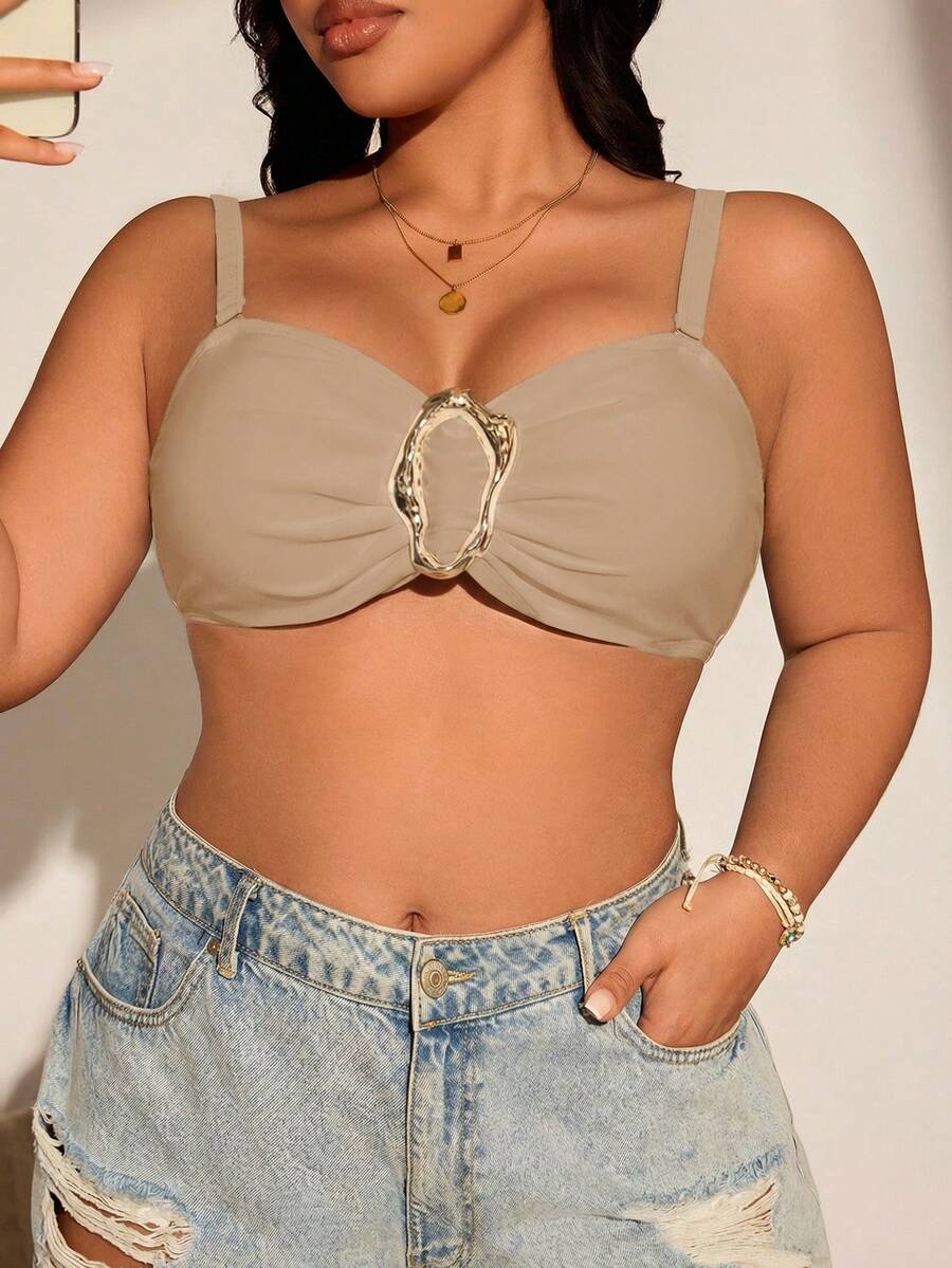 Swim Chiccia Plus Size Women Solid Color Off-Shoulder Metal Decor Sexy One-Piece Bikini Top, Suitable For Spring - Apricot - View 1