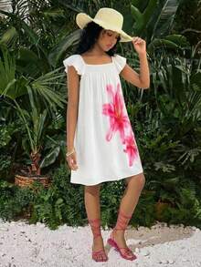 SHEIN Teen Girls Dresses Cute Flower Print Ruffle Hem Loose A-Line Casual Vacation Home Outdoor Back To School Dress, Spring/Summer - White - View 5