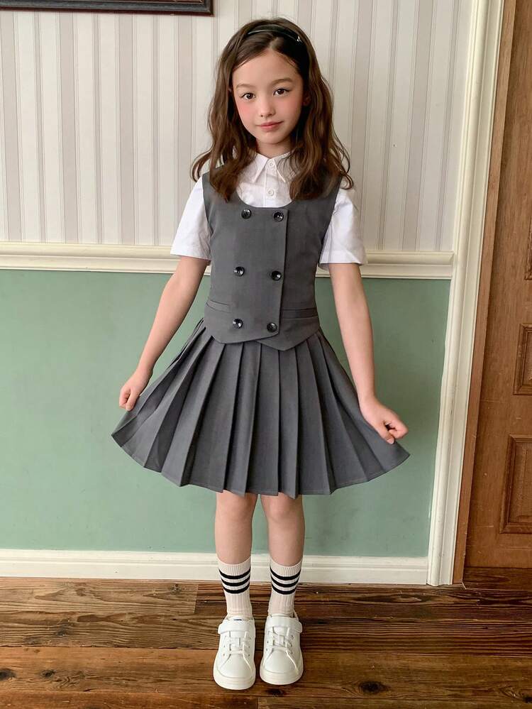 Tween Girl Preppy Style Double-Breasted Vest & Pleated Skirt Set Summer