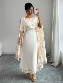 Elenzga Women Elegant White And Gold Floral Print Long Sleeve Summer Dress,Suitable For Wedding, Al-Adha,Middle Eastern Weddings,Dates, Vacations - Baby Pink - View 1