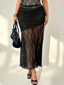 Auralis Plus Size Women Sexy Elegant Chic Vacation Style Sheer Lace High Slit Hem Skirt , Black Black Lace Skirt Mesh Skirt Black Cover Up Skirt Lace Skirts For Women Mermaid Skirt - Black - View 2