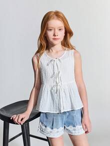 Maija Kids Maija Kids Tween Girl Solid Color Versatile Comfortable Crew Neck Sleeveless Cardigan, Tween Girl - White - View 5