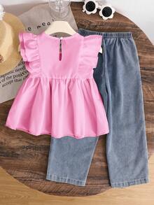 SHEIN Vintaside Kids Ținută simplă nouă pentru fete Tween primăvară/vară, bluză albă fără mâneci cu volane, în culoarea unuii, asortată cu pantaloni casual din denim cu mărgele albe, set de 2 piese, potrivită pentru ținute de primăvară/vară, elegante, naveta, școala, vacanța, petrecerea, sărbătoarea - Roz - Vizualizare 2