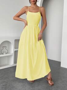 INAWLY Women's Vacation Sexy Solid Color Backless Spaghetti Strap Dress - Yellow - View 4