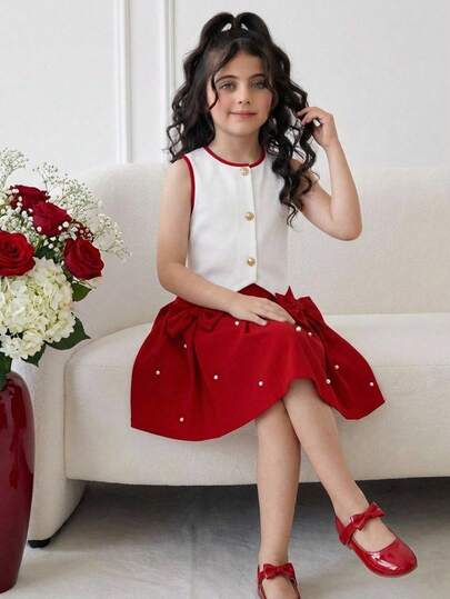 SHEIN مجموعة ملابس علوية كاردجان مزين بالدبابيس والأقواس واللؤلؤ وخطوط متباينة مع تنورة قصيرة منسدلة، طقم من قطعتين مناسب للفتيات المراهقات في الربيع والصيف للارتداء اليومي والتنقل