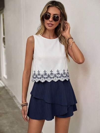 SHEIN LUNE 2pcs Women Casual Embroidered Round Neck Tank Top And Shorts Set Summer Outfits For Women Beach Outfits Vacation Outfits Women Work Outfits For Women Vacation Outfits Women Summer Outfits For Women Two Piece Set Women Women Two Piece Sets Cruise Outfit For Women Short Sets For Women Summer Two Piece Set