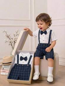 SHEIN Baby BoyBaby Short Sleeve Romper With Bow Tie Boy Jumpsuit Shirt Handsome Gentleman Clothes - Multicolor - View 9