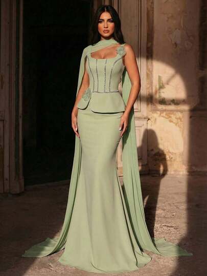 Glamrae Elegant, Romantic, Fashionable Gray-Green Elastic Fabric Chiffon Strapless Sleeveless Floral Decor Fishtail Hem Elegant Party Dress, Wedding Guest Dress, Gray-Green Maxi Dress, Fashionable Elegant Formal Gown, Bridesmaid Dress, Formal Evening Dress