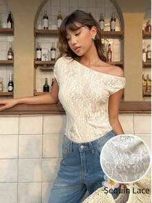 Serisse Áo thun nữ màu trơn thanh lịch cổ lệch ren, mùa hè, áo trắng ren hoa đính sequin kiểu Pháp sang trọng, trang trí hoa 3D đính đá, thích hợp cho hẹn hò/kỳ nghỉ lãng mạn, áo mùa hè, áo dự tiệc, kỳ nghỉ biển, áo đi chơi, sinh nhật, ngày lễ, áo ren trắng. - Màu be - Xem 9