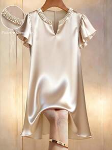 Franclia Women's Spring/Summer Round-Neck V-Neck Pearl Boat-Neck Loose Straight Dress, Glossy Satin Dress, Spring/Summer Short Dress, Women's Spring/Summer Dress, Vacation Leisure Elegant Fashion Dress - Apricot - View 4