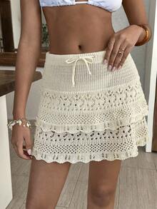 EURMUSE Crochet Knit Ruffle Hem Mini Skirt With Drawstring Waist - Apricot - View 2