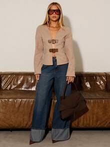 BiaLiraa 女士秋冬款带扣开衫外套 - 鏽棕色 - 查看 5