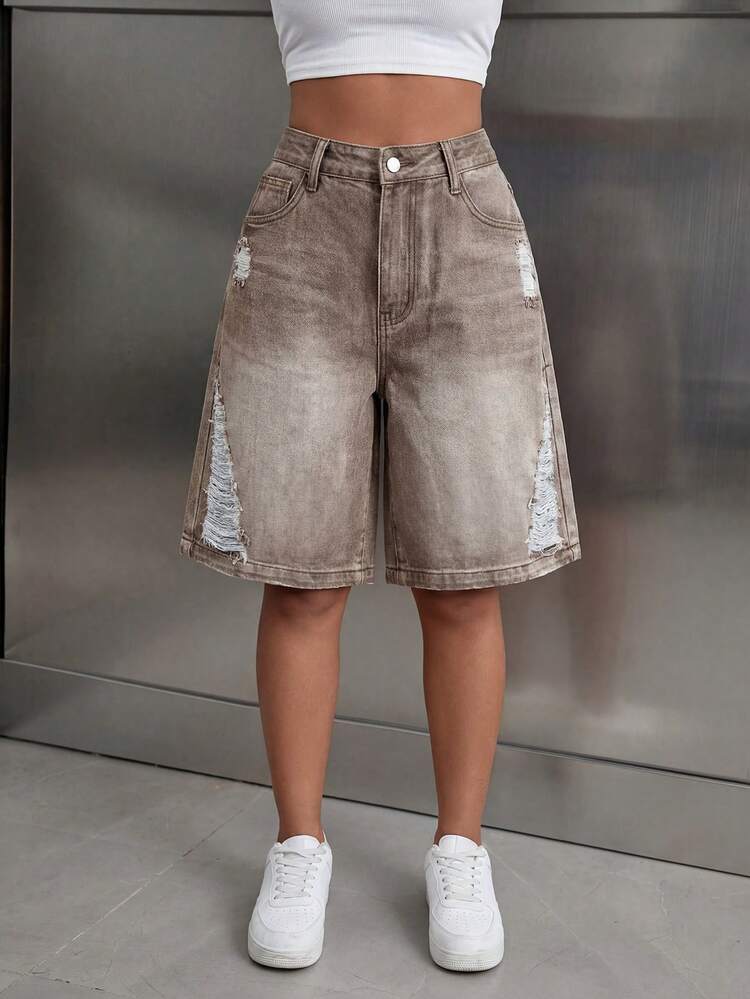 Slaydiva Pantaloni scurți din denim uzați, cu buzunare, casual, cu nasturi, versatili pentru purtare zilnică - Maro - Vizualizare 4