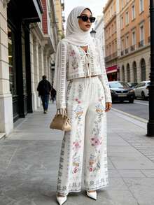 Selianne 女士花卉印花前系带长袖衬衫和裤子两件套休闲度假套装 - 杏色 - 查看 3