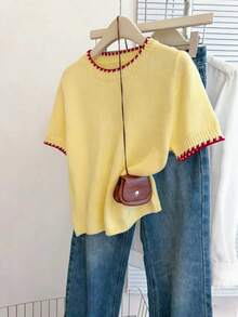 Franclia Áo dệt kim tay ngắn cổ tròn dáng rộng phong cách retro Pháp, phối màu dành cho nữ, thích hợp mùa xuân/thu. - Màu vàng - Xem 3