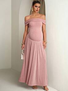 MaterniChic 优雅派对纯色露肩孕妇连衣裙 - 粉色 - 查看 9