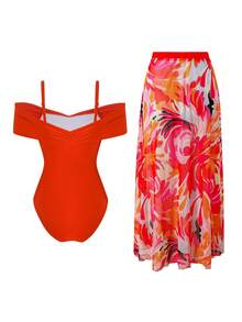 Swim Oasis 2026 Spring/Summer Plus Size Women Sexy Off-Shoulder One-Piece Swimsuit + Skirt High-End Beach Set - Orange - View 2