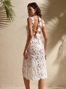 Swim Chiccia 蕾丝面料精致优雅修身连衣裙，奢华名媛风派对礼服 - 白色 - 查看 2