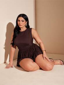 SHEIN BAE 大码女士优雅蛋糕裙摆连体衣 - 紅木色 - 查看 4