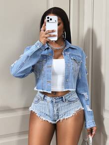 BamGleam 女士时尚休闲牛仔夹克和外套 - 藍色 - 查看 6