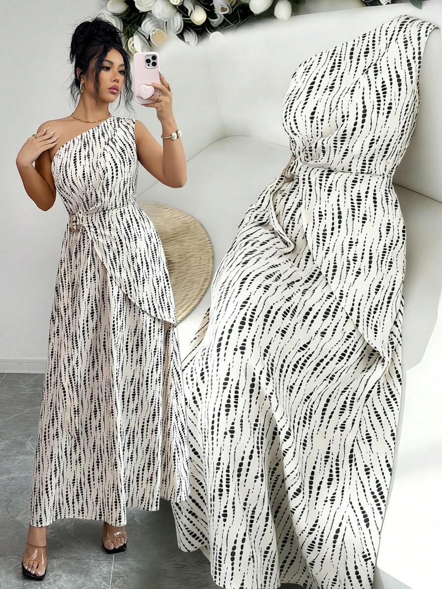 Elenzga 女士梭织露肩印花度假长裙 - 杏色 - 查看 1