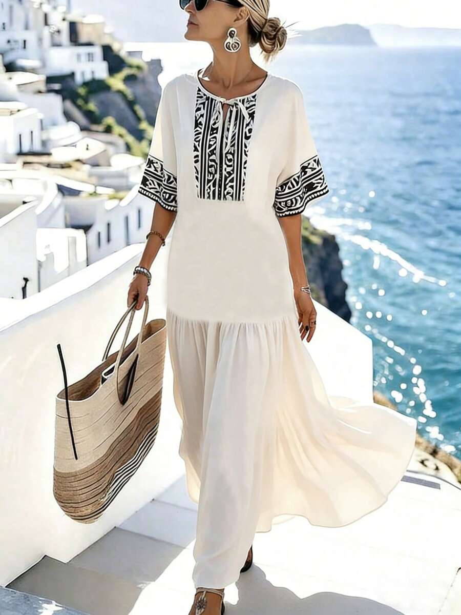 SHEIN Holidaya Elegant Black And White Checkered Round Neck Tie-Neck Apricot Printed Long Dress For Women,Summer Boho Vacation Holiday Beach Woven Fabric Abaya