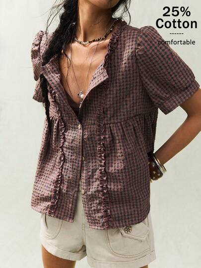 SoleilVie 女士复古格子荷叶领花瓣袖休闲衬衫