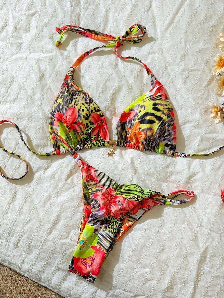 Elavelle Conjunto de bikini sexy con decoración metálica y estampado aleatorio para mujer, conjunto de ropa de playa de verano - Multicolor - Ver 1