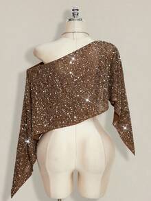 SHEIN ICON Women's Sequin Shoulder Cut Short Casual Versatile Daily Wear Top,Summer Top - Brown - View 2