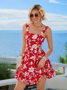 Vivid Eden 女士夏季度假风印花露背吊带露腰连衣裙，红色女装 - 紅白色 - 查看 3