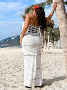 GalTyme Plus Size Vacation Beach Colorblock Striped Hollow Out Knit Cami Dress - Black and White - View 6