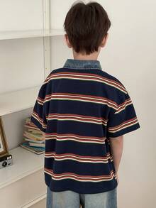 DAZY 男童条纹 Polo 领短袖休闲 T 恤 - 寶藍色 - 查看 2