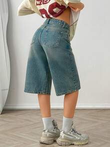 SHEIN 100% Cotton Low Waist Washed Denim Jort - Medium Wash - View 2